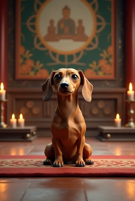 Zen buddhist dachund sitting in a monastry