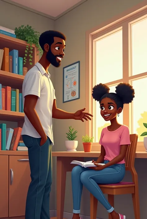 
Setting: A modest study area with a small desk, bookshelves filled with textbooks, and educational posters on the wall.

Mikes Appearance: A tall, dark-skinned African man in his late 20s with short-cropped hair, wearing a casual shirt and slacks. He has ...