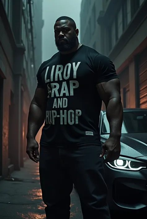 Generate a dark and scary photo of a dark and scary muscular guy in a dark alley with a T-shirt with the inscription on the whole shirt "liroy king of rap and hip-hop " obok niego niech stoi czarne sportowe auto marki BMW