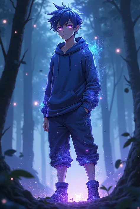 1male, beautiful 19-years-old cosmic man, 61" height, thin male build, short spiky hair made from universe, violet eyes with vertical predatory pupils and slightly illuminated, all body and hair made from universe, wearing in a hoodie and loose pants with ...