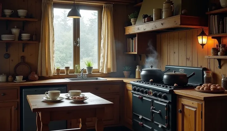 A rustic and cozy kitchen ,  with warm tones of wood and details that evoke tranquility .  Above an old cast iron stove ,  a pair of pots release delicate threads of smoke ,  filling the air with a homely and comforting feeling . in the center,  a simple w...