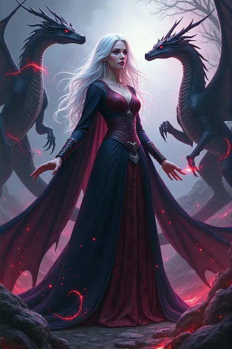 Please make a book cover for Vensalia, her skin is white snow, her hair is pure white with visible red strands hair, dark pink eyes, around , and she is surrounded by her THREE dragons and her power umbrakinesis. The title under the book cover is blood of ...