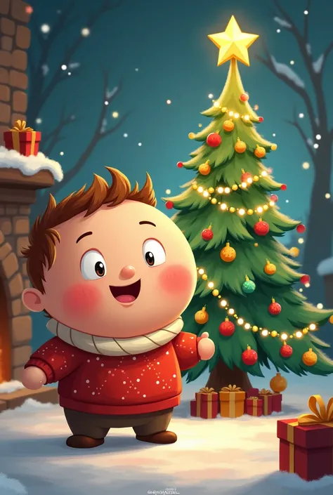 Generate a simple cartoon Christmas drawing
size a3, round head, big eyes, person with Christmas tree 