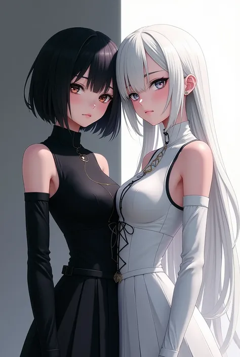 One anime girl with short black hair wearing all black with black eyes and another anime girl with long white hair wearing all white and white eyes facing towards the camera