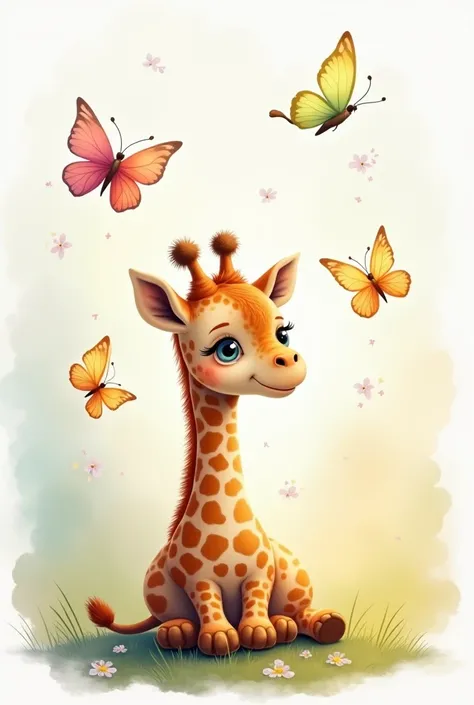 Create a beautiful image of a baby giraffe sitting in watercolor colors with very happy and cuddly butterflies