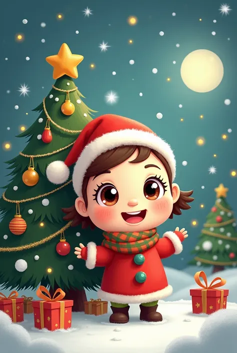 Generate a simple cartoon Christmas drawing
size a3, round head, big eyes, person with christmas tree, size a3