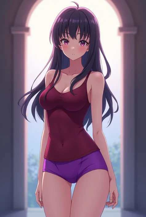 "Infintiy "  Imagine an anime girl with a slim waist, big breasts, a medium white butt wearing a burgundy dress and a purple hot shorts and standing in front 