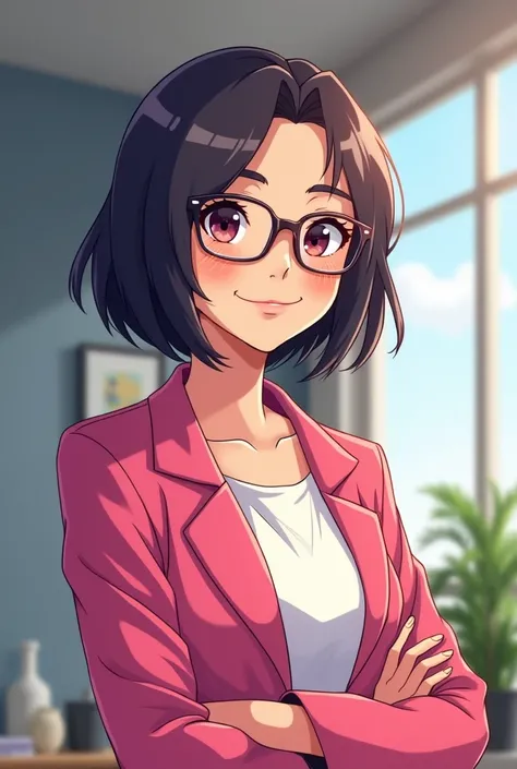 Anime social worker wearing square glasses and wearing a pink jacket