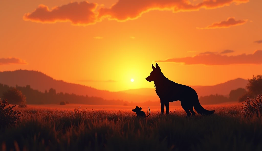 At sunset in the field you see a black silhouette of a German Shepherd and a mouse.