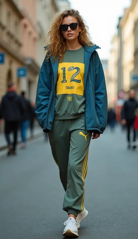 photograph, Sustainable fashion, New Adidas and Puma  combination logo, 1 White sheep ,Logo name is Lamb,    Front View, Full body,  standing pose, 1 German cute girl  ,20-age, fashion model,  (golden curl hair long hair,  blew eyes ,smile, natural make up...