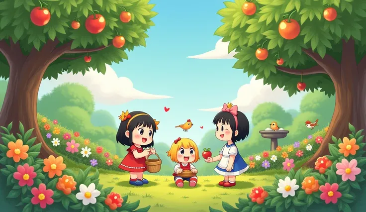 "Illustrate a playful scene where the ren explore Nani’s garden, picking fruits and flowers. Nani stands nearby with a basket, guiding them. The garden is lush with fruit-laden trees, colorful flowers, and a small birdbath with sparrows chirping."