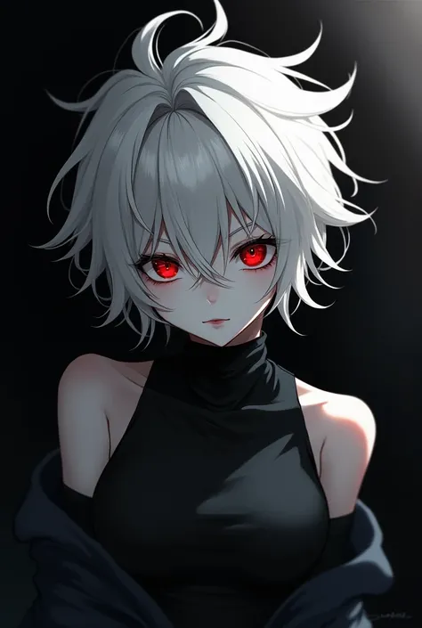  high resolution, short range ,  anime  with white hair and red eyes looking at the camera, bright red eyes, thin, dressed in a black outfit, Shadow Body,  white skin , monochromatic,  messy hair ,  Expression would be  , diagonal angle