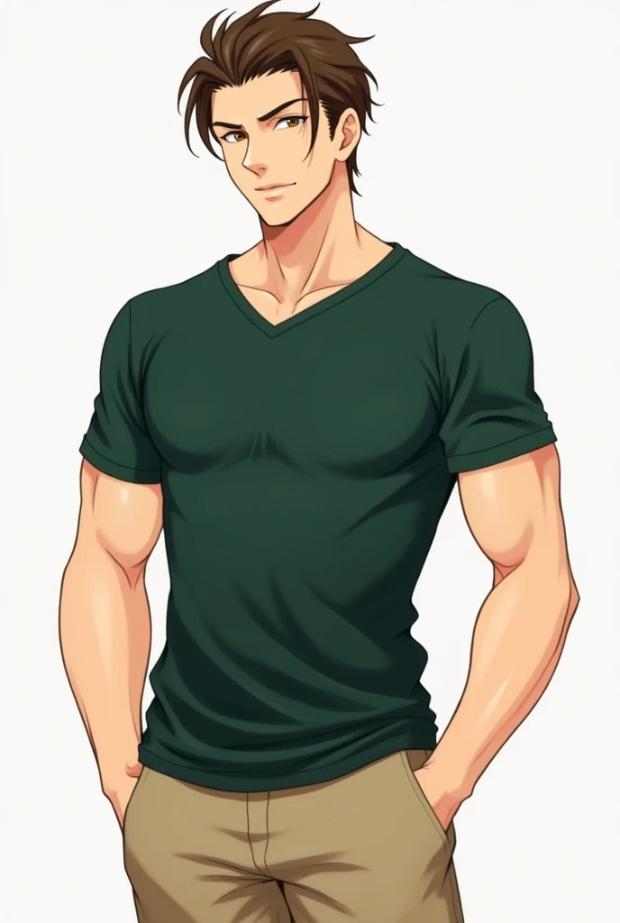  with brown hair combed back with handsome tall dark green t-shirt, with beige pants ,  male anime