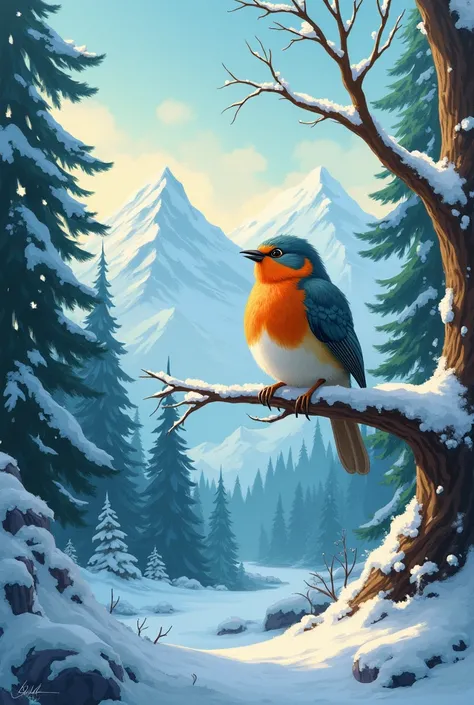  Illustration of a singing bird in winter, a magical forest with mountains in the background 