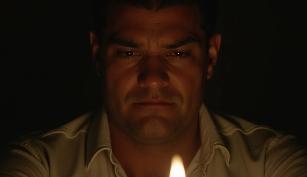 9. **Prompt 9: "Gustavo’s Conflicted Soul"**  
   *A close-up of Gustavo Dantas, his face lit only by a soft, single candle flame. His expression is one of deep internal conflict, as if he is wrestling with his loyalty to his family and his feelings for Be...