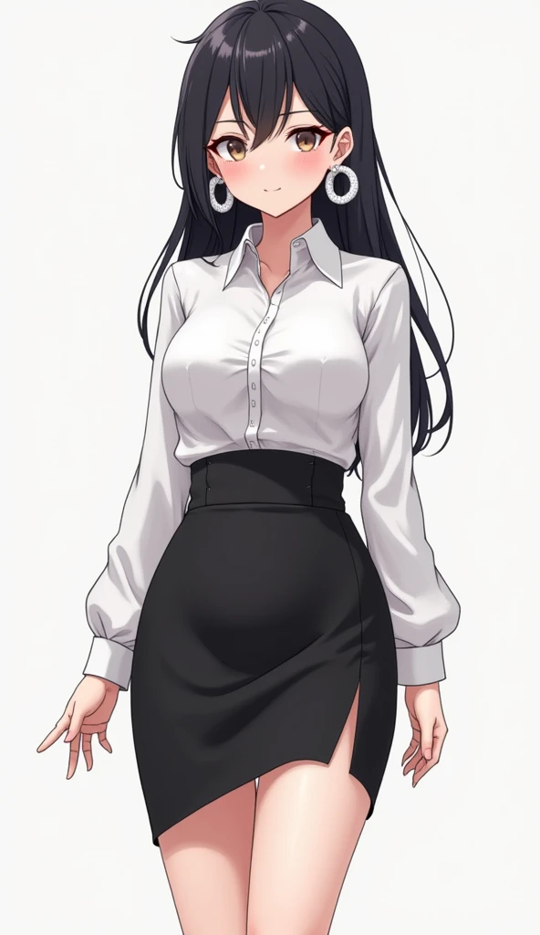  Anime girl 2D . 27 years old.  Full length from head to toe .  White shirt with sleeves and black short pencil skirt. White earrings in the form of large rings and a white dazzle. black high heels.  Big chest and ass .  thin waist. 