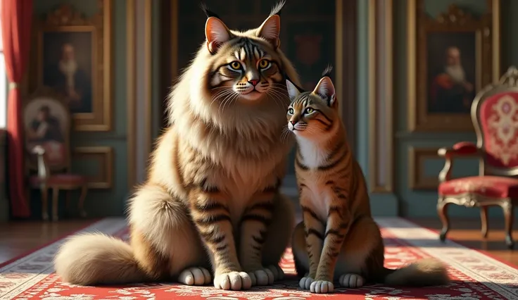 "A super realistic image of a giant Maine Coon sitting side by side with a European Lynx in a very large house in Europe