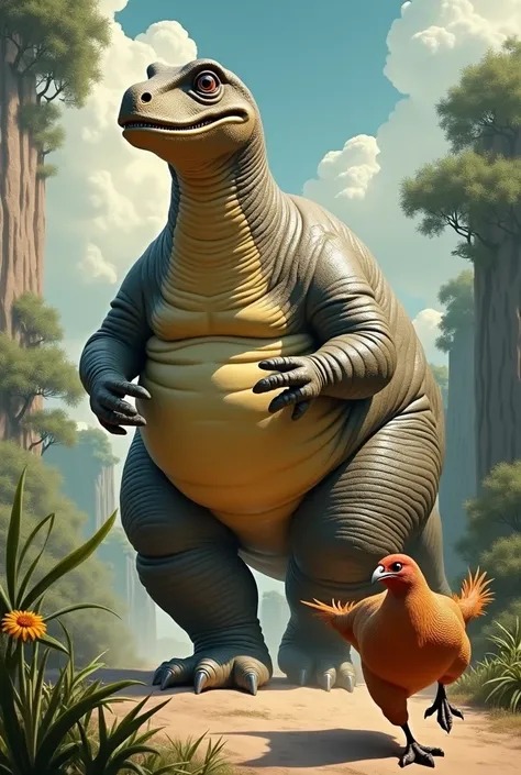 a Botero , fatty,  -style dinosaur chasing a normal guinea fowl. Realistic, real, detailed.