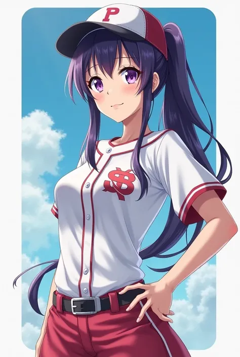 Japanese animation style、High school girl、Baseball uniform 、 Baseball Cap 、swipe、Dark Purple Long Hair、single ponytail、 purple pupils、 full breasts 、From Taiwan