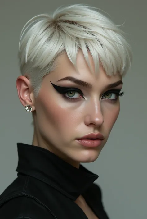 Western woman with dark eyes, feminine features,  short white hair and black eyebrows