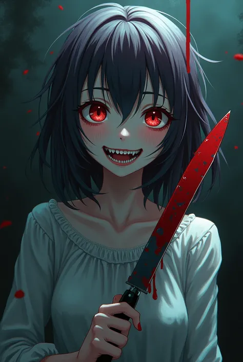 Psychopathic anime girl with red eyes and sadistic smile with a bloodstained knife 