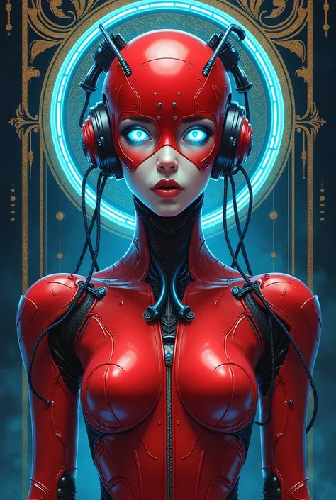 An art nouveau style watercolor image of a very slender female android wearing red metal armor. Many blue cables attached to her head. Blue glowing eyes. Druillet style. Enki Bilal. Mesmerizing look. Ornamental dark neonlight background. 