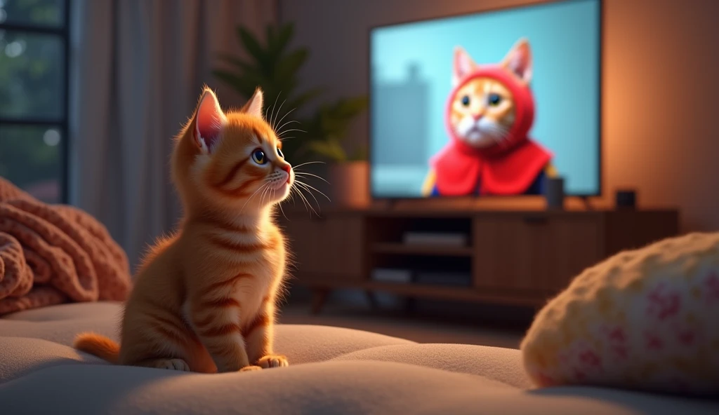 An orange baby kitten sitting on the couch with wide eyes ,  watching an exciting cat in a Spiderman costume on a television screen in a cozy living room.