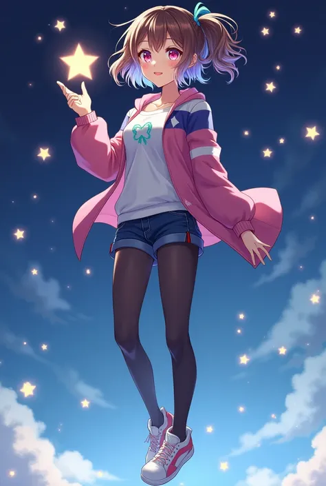  anime girl image,  with a star in the hand with short brown hair, wavy with blue reflections in a ponytail ,  pansexual flag color jacket , short pants, blacks,  stockings, white and pink shoes ,  pink eyes with a turquoise heart . Floating among the star...