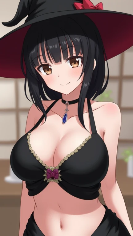 1girl, breasts, hat, jewelry, navel, earrings, solo, looking at viewer, cleavage, black hair, large breasts, bangs, rope, smile, blurry, brown eyes, witch hat, bare shoulders, blurry background, upper body, stomach