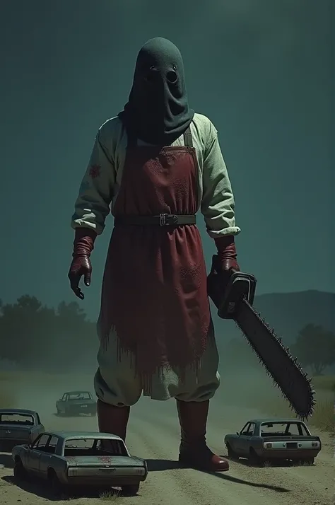 Realistic image of a giant executioner, head covered by a black sack with tips and blood, butchers clothing, bloody apron, red boots and gloves with a giant chainsaw  dragging destroyed small cars on the deserted background at night, small cars, film filte...