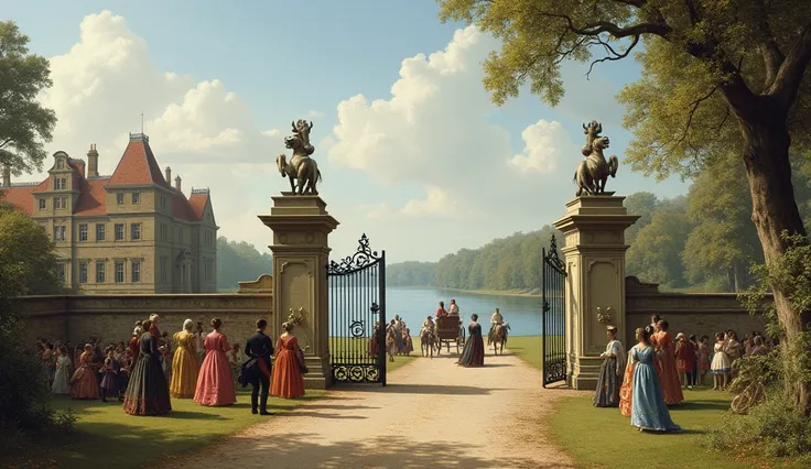 Color photo of an aristocratic equestrian estate in Europe, 1850, featuring a grand entrance with stone pillars and a blacksmith iron gate,A lake in the background,In the foreground  women are walking in colorful dresses. Riders leave the property,On the l...