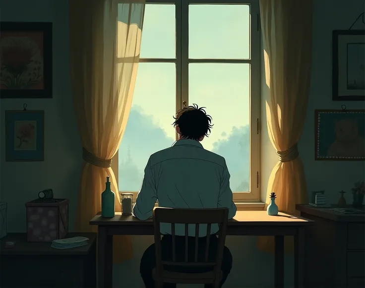 The Ghibli-style image shows a over the shoulder shot of a man looking out of window and feeling sad, back view