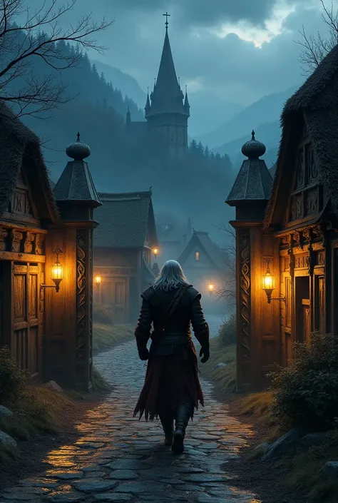 ( masterpiece:1.2 ), (  super detailed), 8k, 16k,  wallpaper, ( fantasy:2.0),  graphic novel  ,  witcher, entering the village, after dark, torch light