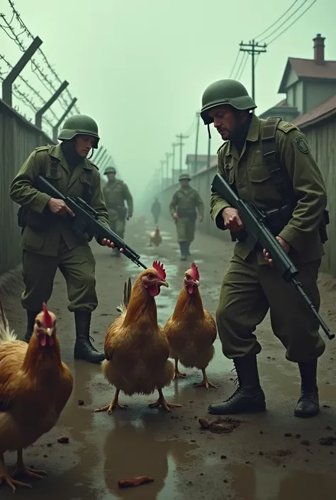  human soldiers ,  trapping convict chickens, with prison clothes , In a concentration camp. Realistic real .