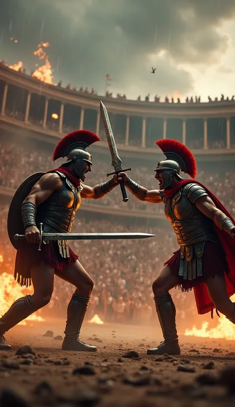 An ultra-realistic image of two fierce gladiators locked in an intense battle within a grand arena. Both fighters are fully visible and facing the camera, their expressions brimming with determination, rage, and raw power. One gladiator wields a gleaming s...