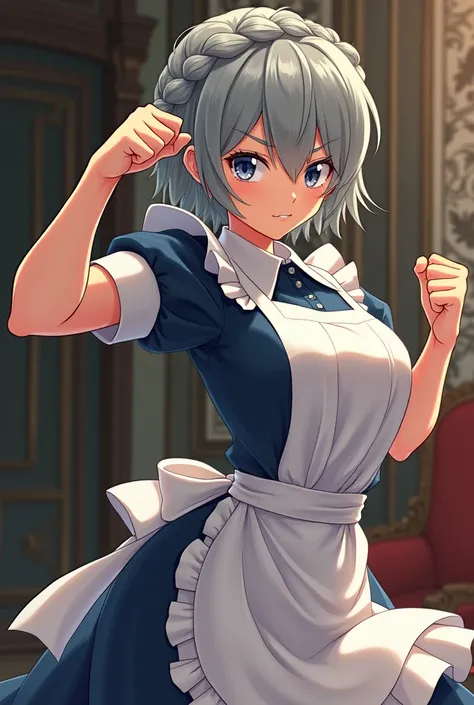  girl , housemaid,  grey short hair,  fighting pose, combat braid , Anime style 