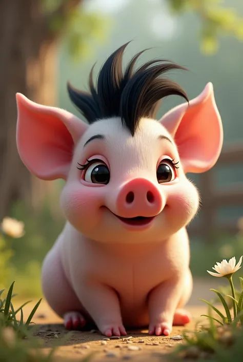 give me a picture of a cute pig with black wolfcut hair (realistic)