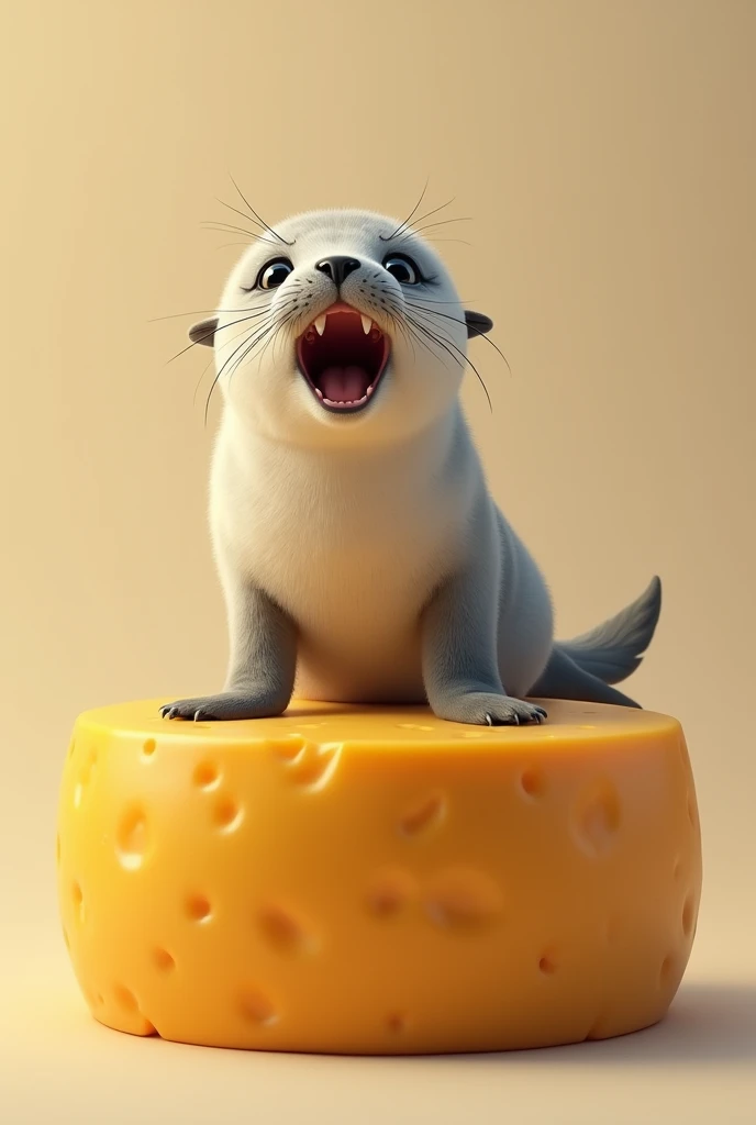 Round baby seal howl like woolf to cheese wheel