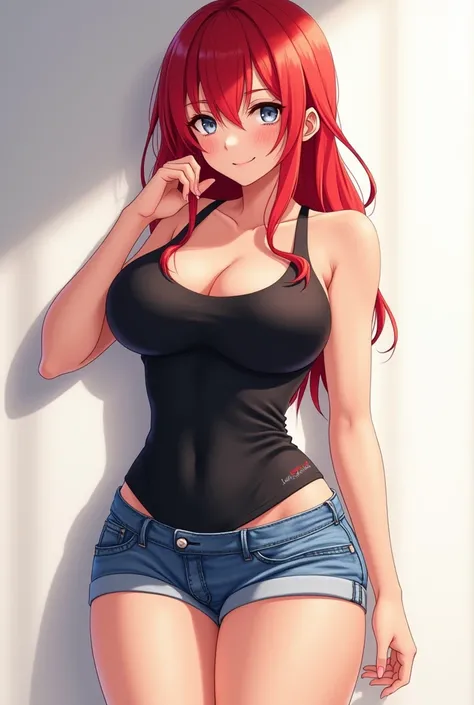 A 26 year old woman, 2D, anime.  An hourglass-shaped body with large attributes.  red hair/red. Her eyes have gray irises. She is wearing a black tank top and short blue shorts.