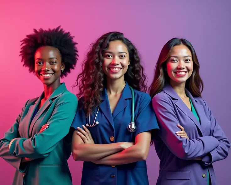 Create in 4k quality ,  horizontally 3 students of Business Administration and Management and Technical Nursing, in purple and green shades , with a single color background