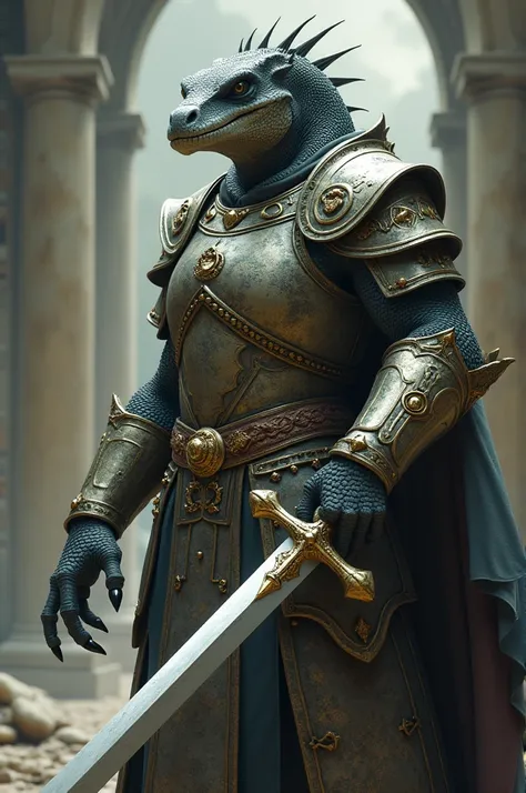 a man half reptile half human ,  paladin with stone armor and a long medieval sword 