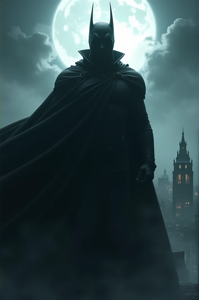   (batman



> " A masked hero ,  standing in a gothic cityscape , A dramatic scene surrounded by storm clouds ,  in a black cloak ,  behind moonlight , fırtına bulutlarıyla çevrili dramatik bir sahne,  a threatening but noble posture ."