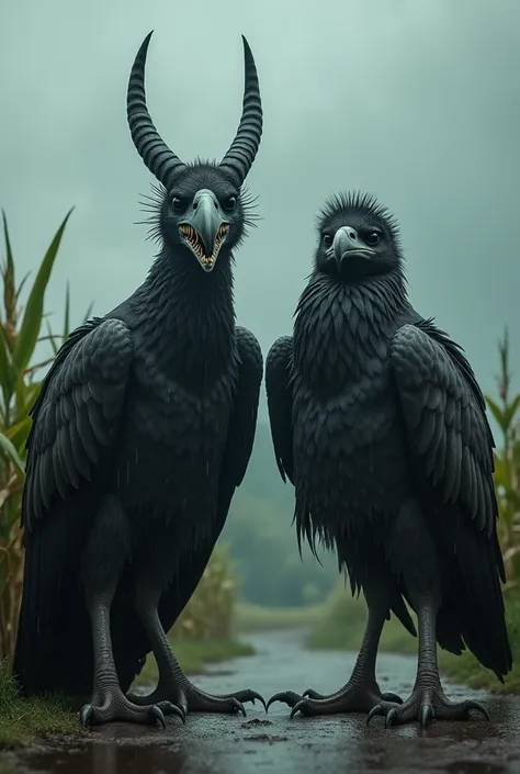 A highly realistic close-up of a giant, frightening and menacing bird standing confidently in the rain near a farm gate. It has frightening and predatory features: jagged teeth, claw-like hooves and sharp, curved horns. Its black eyes pierce the dark atmos...