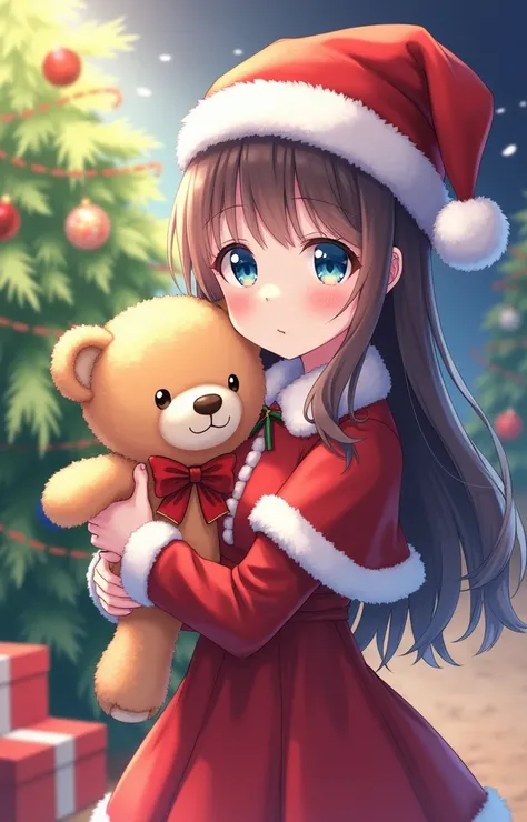 a girl holding a teddy bear by a christmas tree, 1girl, solo, teddy bear, stuffed animal, gift, hat, stuffed toy, christmas, long hair, christmas tree, santa hat, blue eyes, gift box, blush, box, looking at viewer, snowflakes, red capelet, long sleeves, ba...