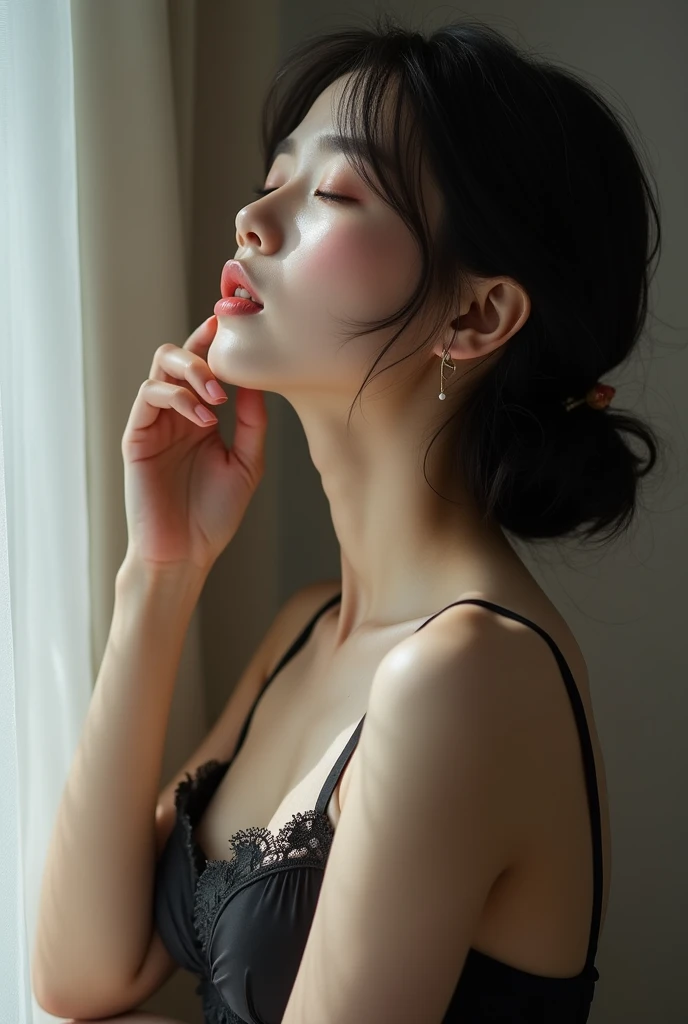  Realistic photo of a sexy 18-year-old Japanese girl wearing black lingerie .  the photo is taken in profile while she is looking up with her eyes closed, blushing and with her hand in her mouth . 