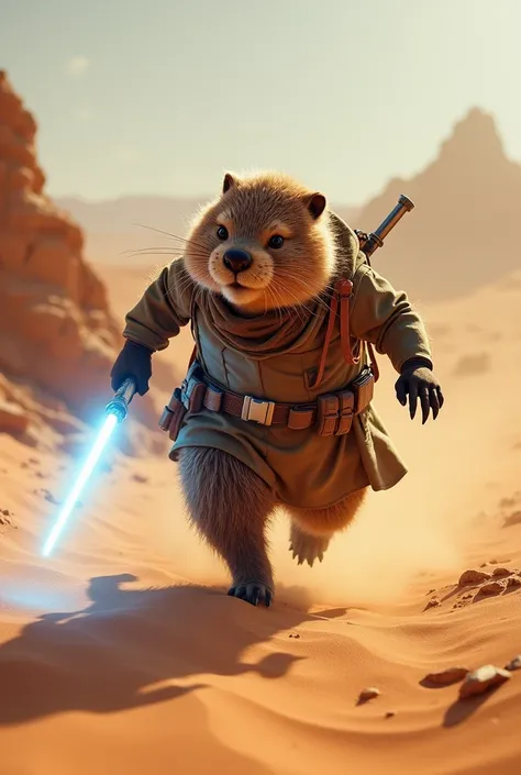 Star wars style beaver with lightsabre runing in desert