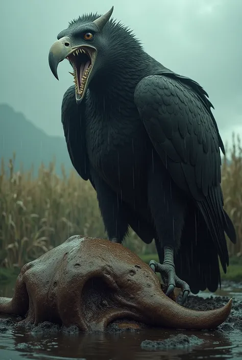 A highly realistic close-up of a giant, menacing bird standing next to a rotting cattle carcass standing confidently in the rain near a farm gate. It has frightening, predatory features: jagged teeth, claw-like hooves, and sharp, curved horns. Its black ey...