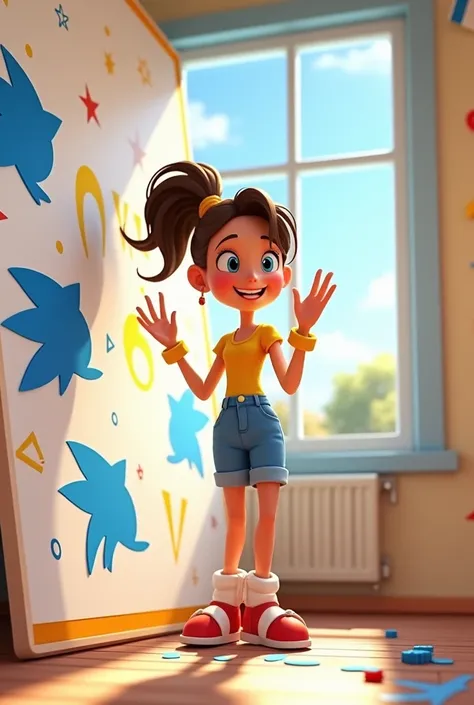 An animated young woman decorating a wall for a Sonic birthday
