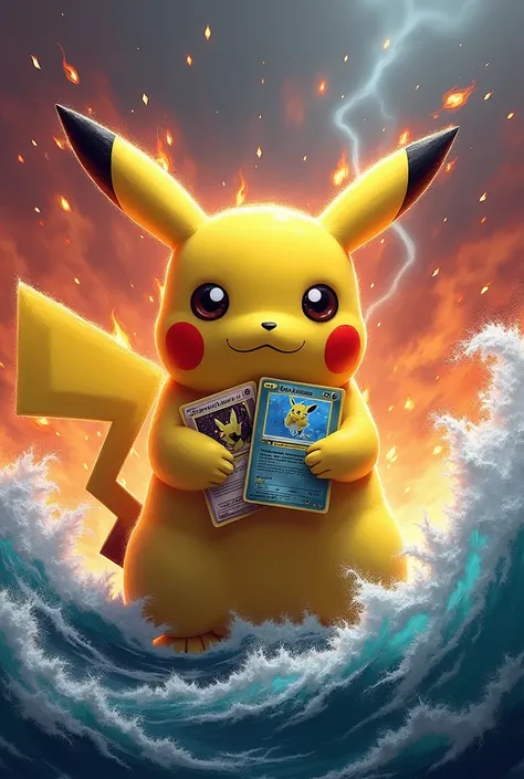 Very cool Pikachu holding Pokémon cards covered in flames and sea in the background