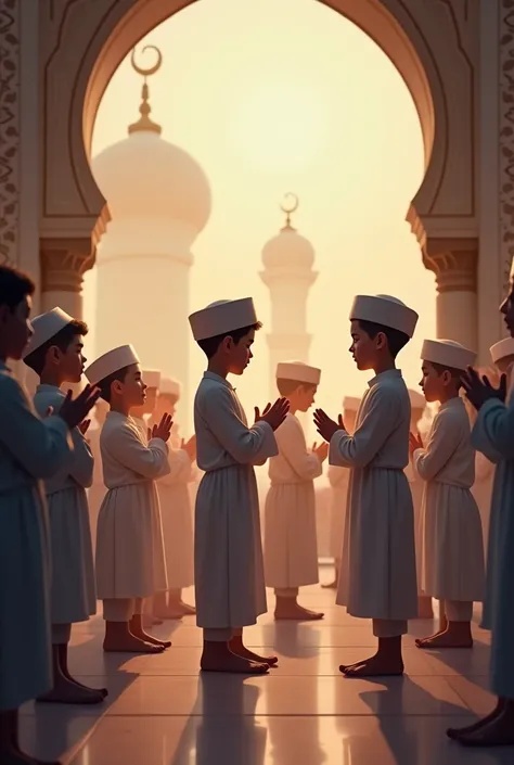 Pictures of Muslim boys gathered standing while praying 